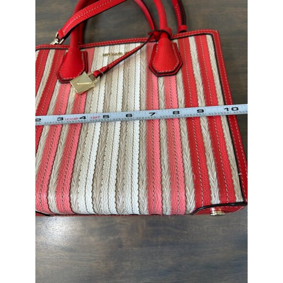 Michael Kors Mercer Red Coral Tan Leather Straw Purse Hand Bag Accordion - Picture 10 of 14